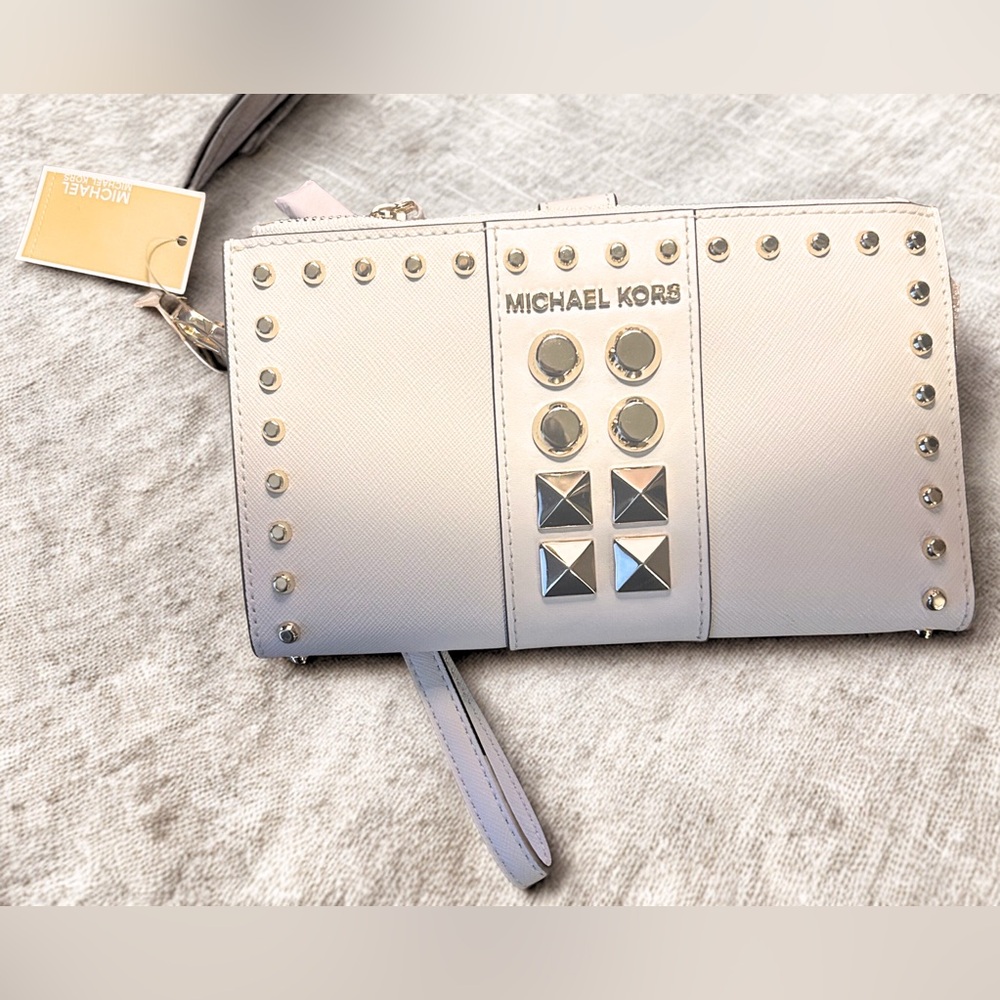Michael Kors Optic White, Double Zip Leather Wristlet,  Designer NWT, Gold Stud